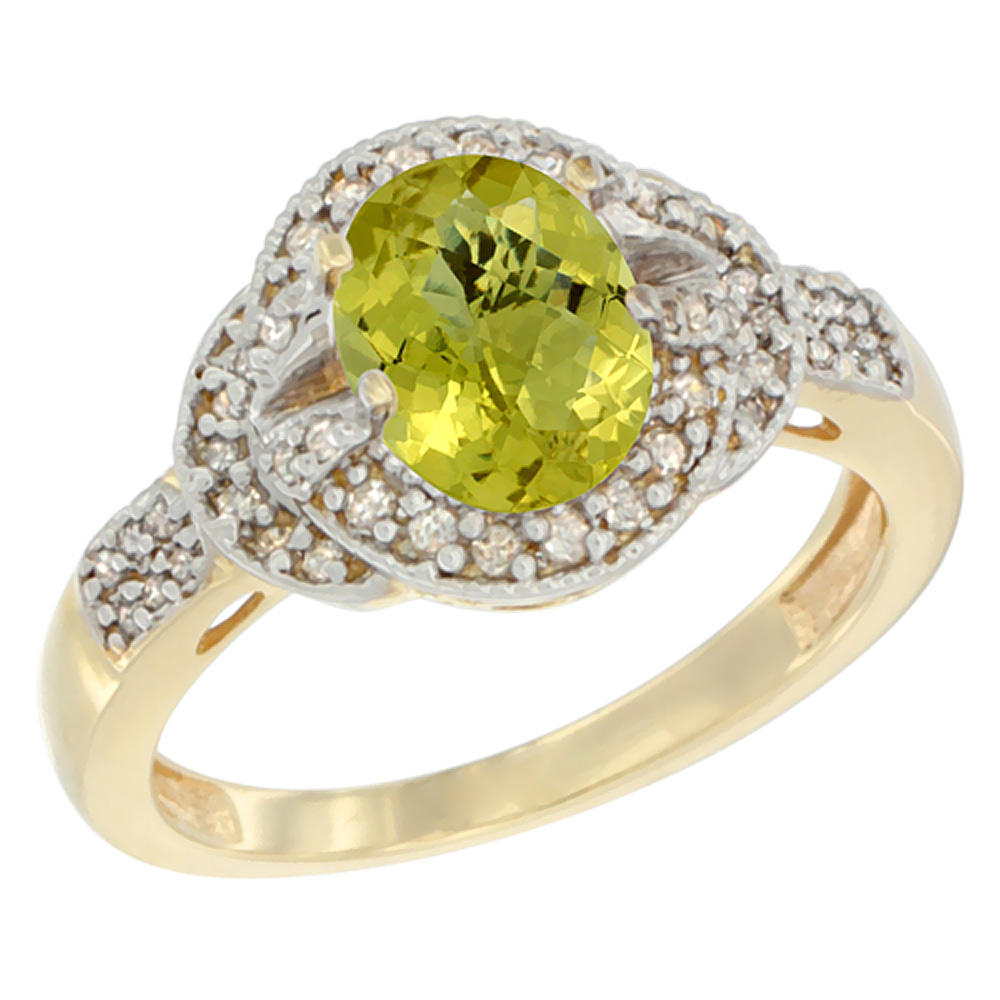 14K Yellow Gold Natural Lemon Quartz Ring Oval 8x6 mm Diamond Accent, sizes 5 - 10