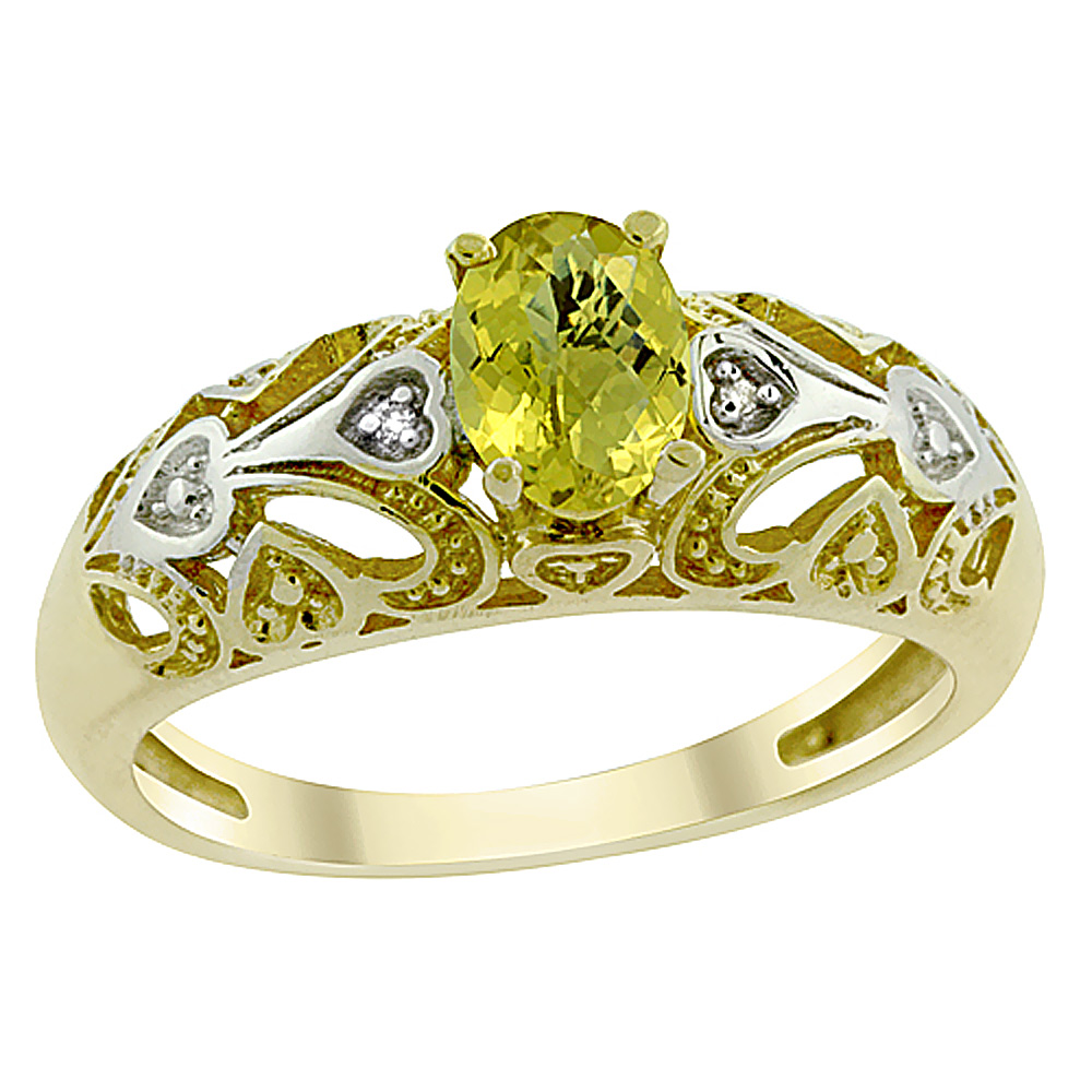 14K Yellow Gold Natural Lemon Quartz Ring Oval 6x4 mm Diamond Accent, sizes 5 - 10