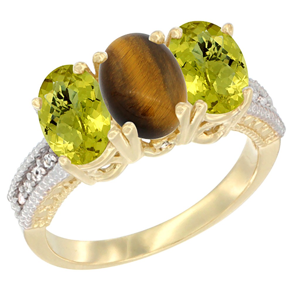 10K Yellow Gold Natural Tiger Eye & Lemon Quartz Sides Ring 3-Stone Oval 7x5 mm Diamond Accent, sizes 5 - 10