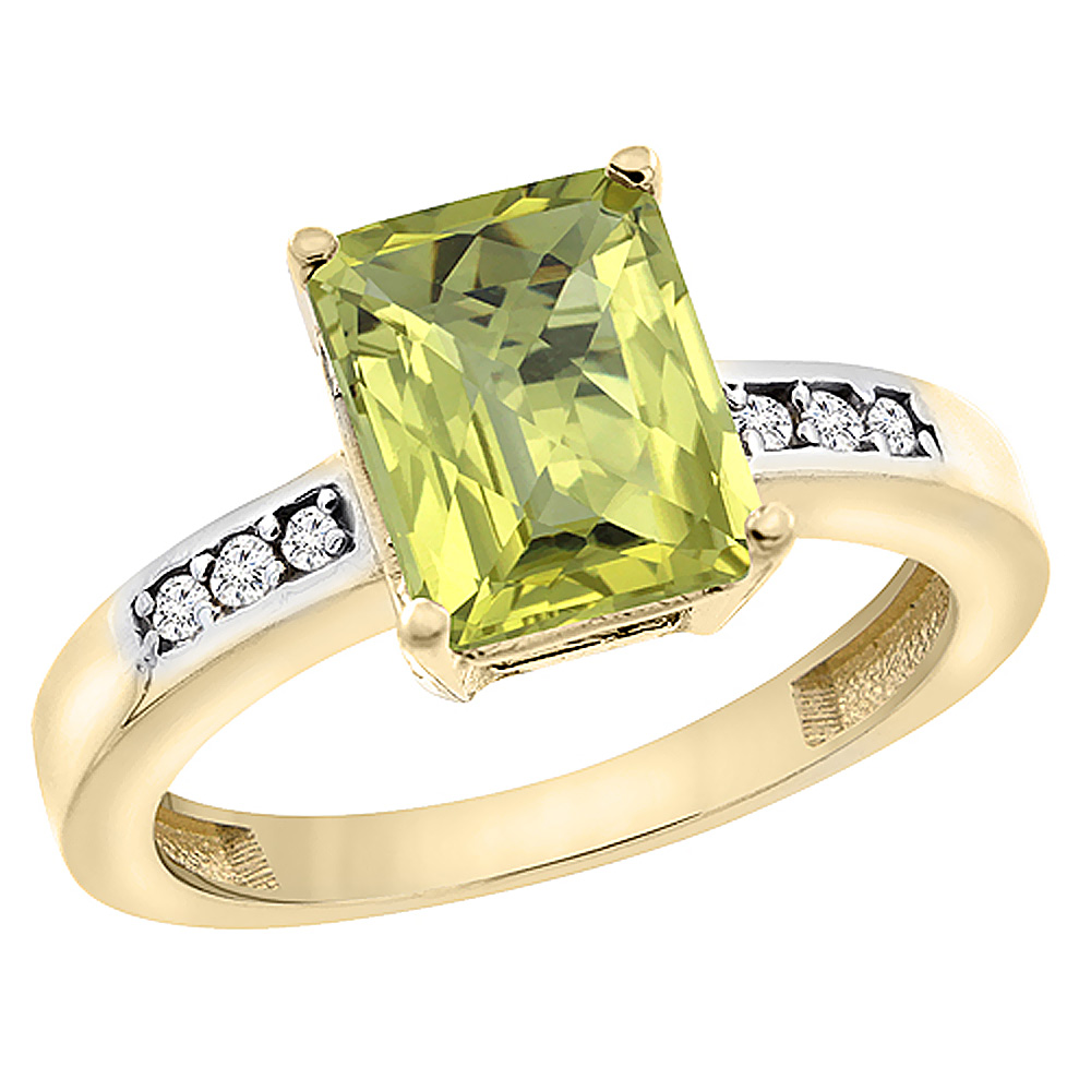 14K Yellow Gold Natural Lemon Quartz Octagon 9x7 mm with Diamond Accents, sizes 5 - 10