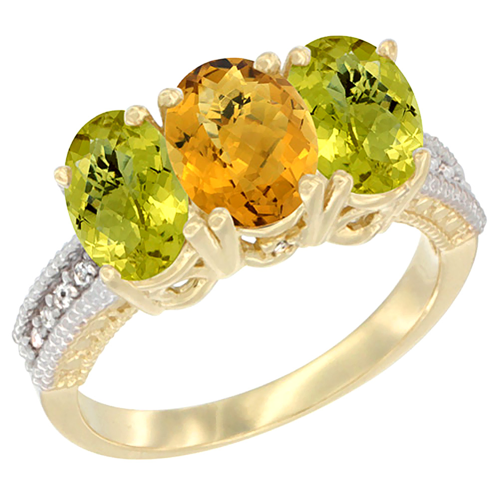 10K Yellow Gold Natural Whisky Quartz & Lemon Quartz Sides Ring 3-Stone Oval 7x5 mm Diamond Accent, sizes 5 - 10