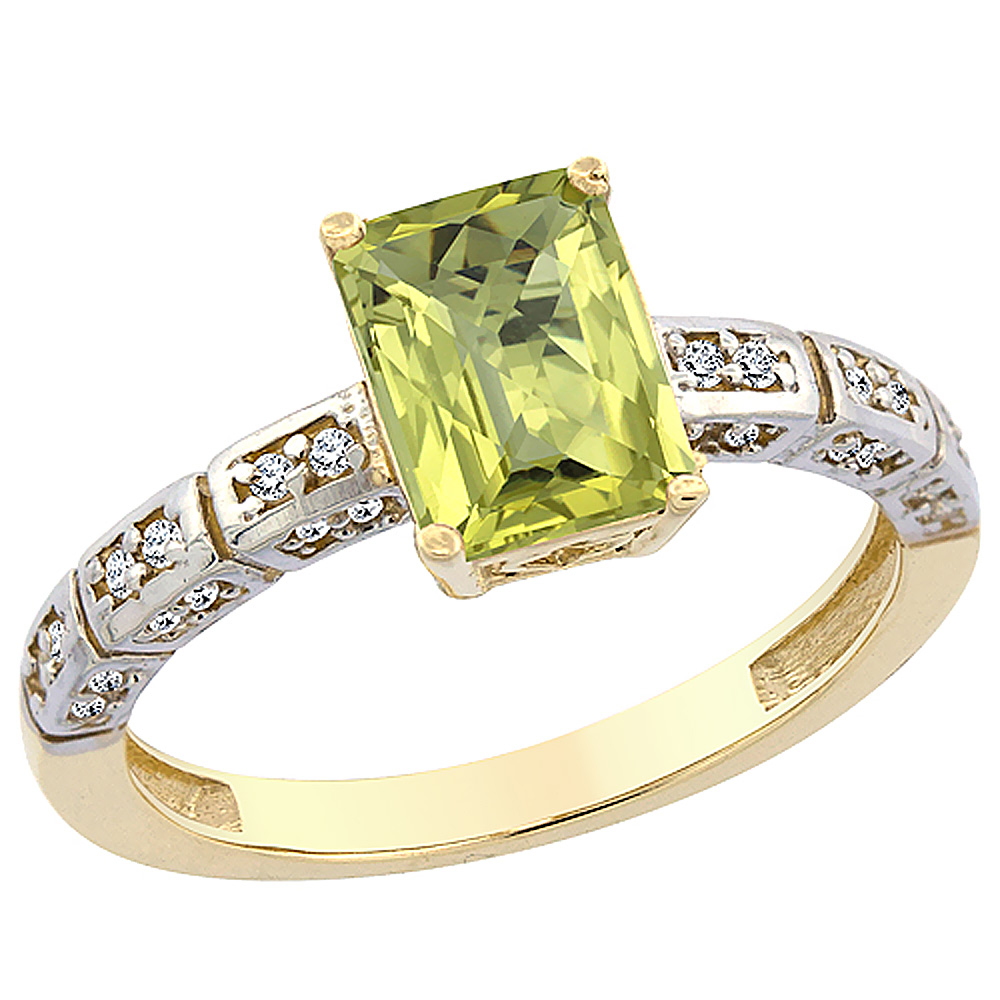 10K Yellow Gold Natural Lemon Quartz Octagon 8x6 mm with Diamond Accents, sizes 5 - 10