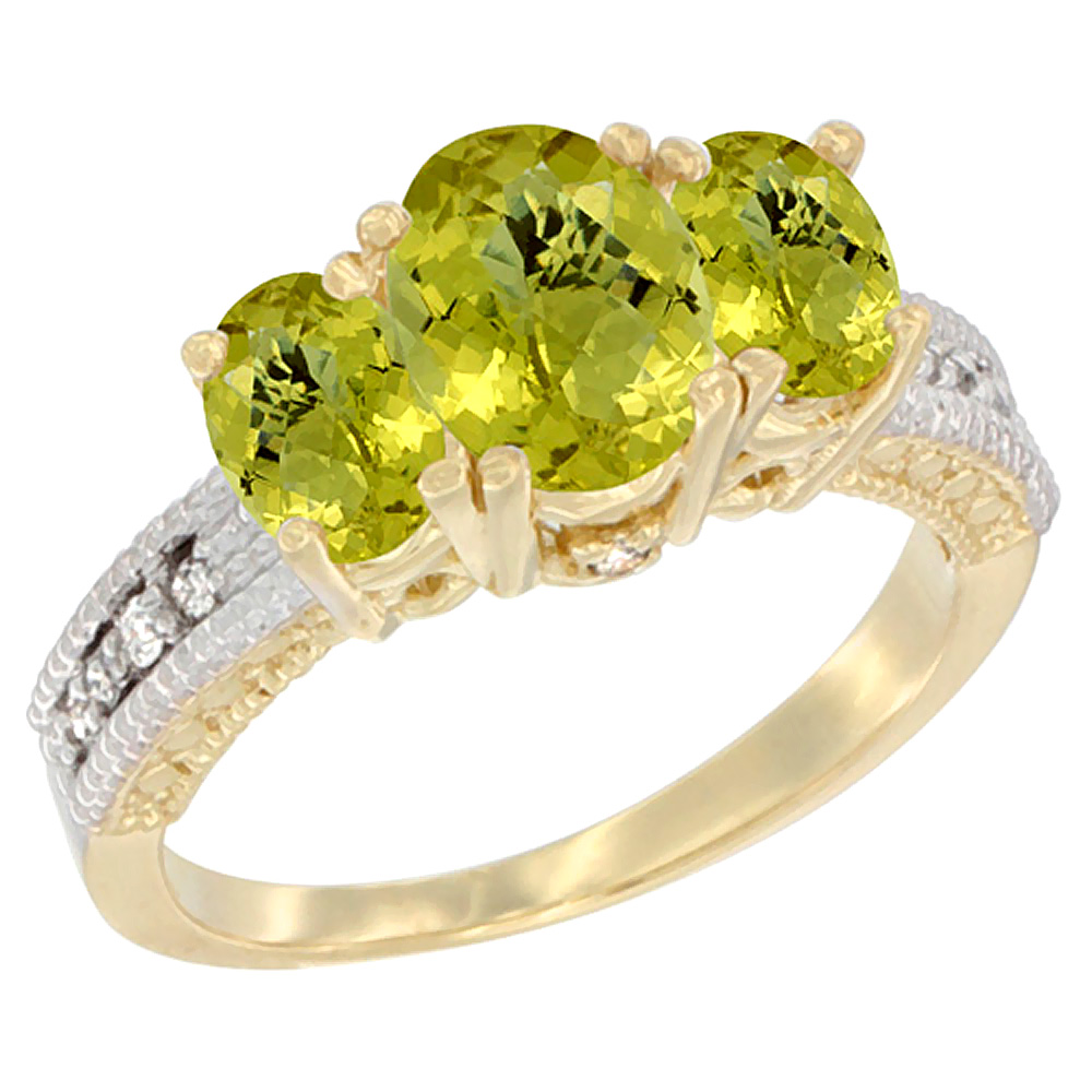 10K Yellow Gold Diamond Natural Lemon Quartz Ring Oval 3-stone, sizes 5 - 10