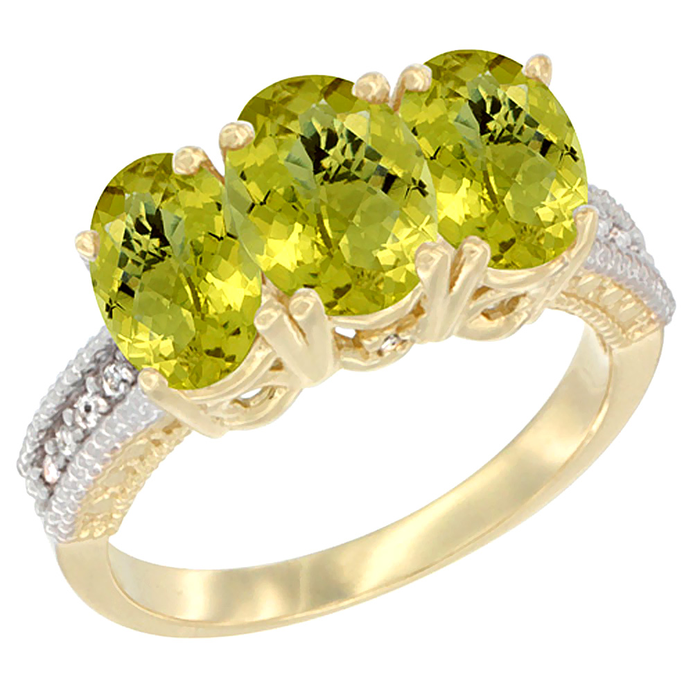10K Yellow Gold Natural Lemon Quartz Ring 3-Stone Oval 7x5 mm Diamond Accent, sizes 5 - 10