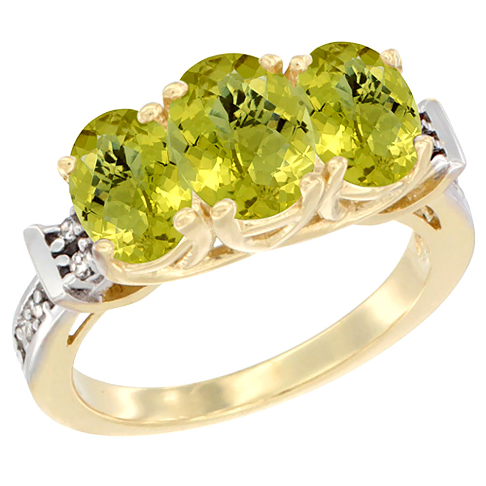 10K Yellow Gold Natural Lemon Quartz Ring 3-Stone Oval Diamond Accent, sizes 5 - 10