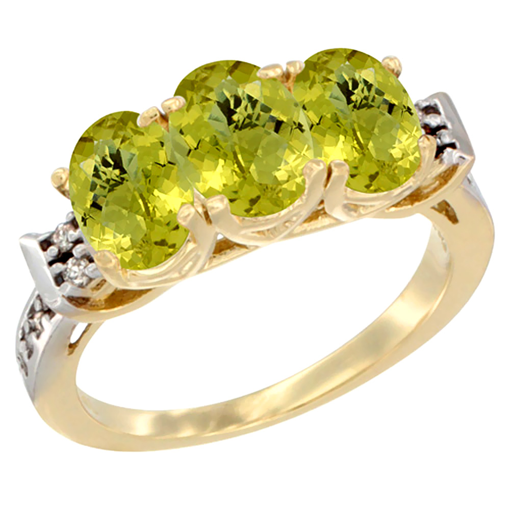 10K Yellow Gold Natural Lemon Quartz Ring 3-Stone Oval 7x5 mm Diamond Accent, sizes 5 - 10