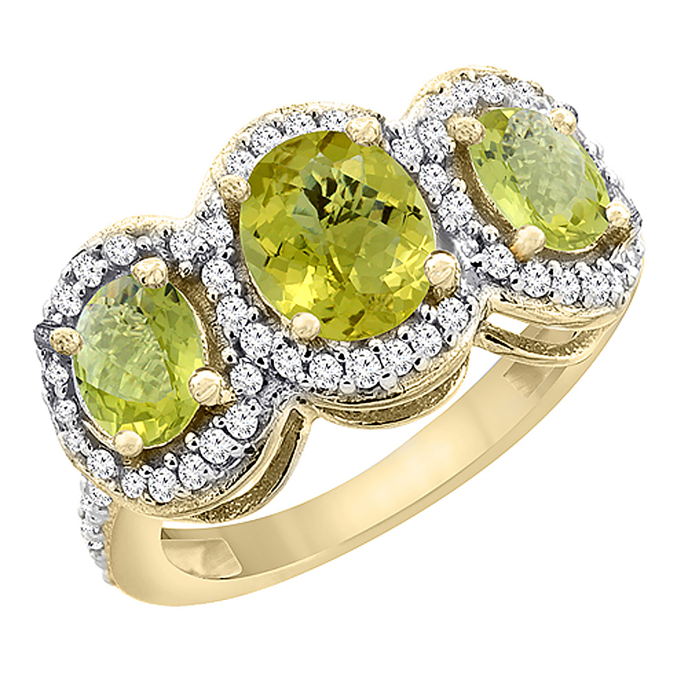 10K Yellow Gold Natural Lemon Quartz 3-Stone Ring Oval Diamond Accent, sizes 5 - 10