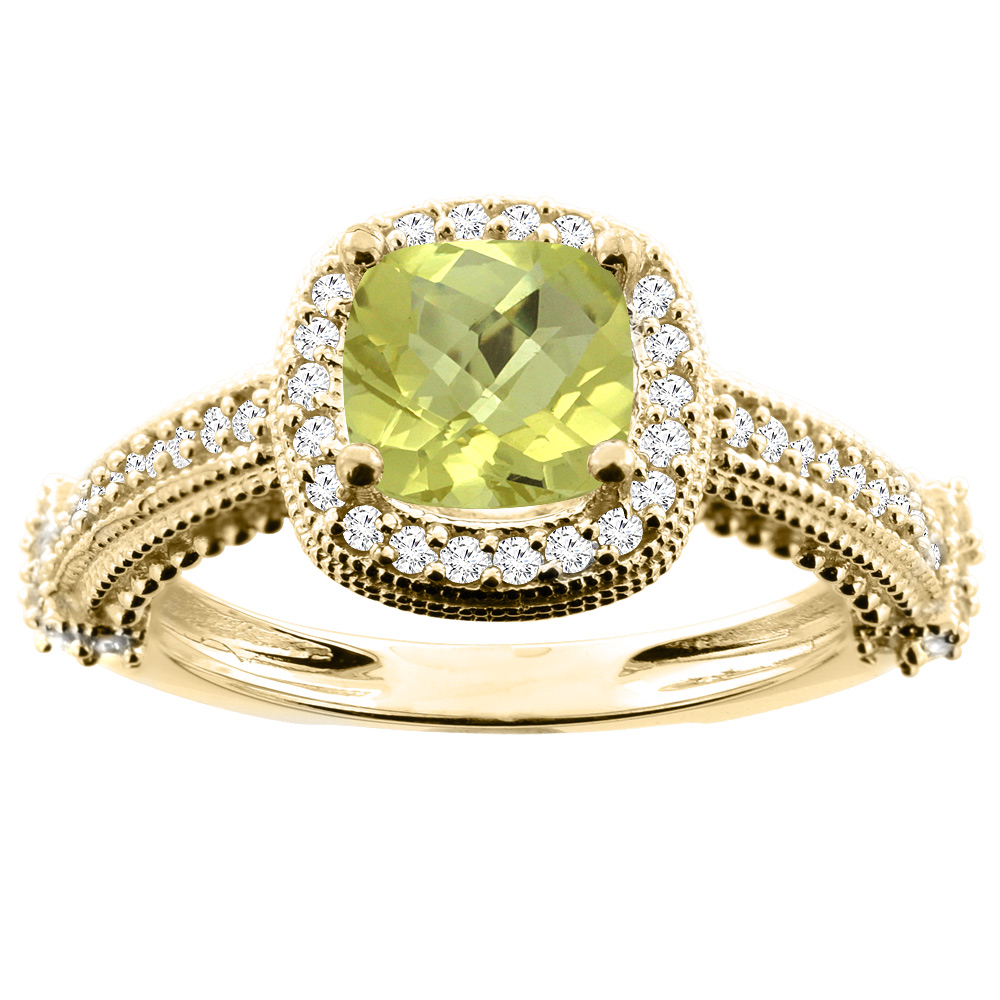 10K White/Yellow/Rose Gold Natural Lemon Quartz Ring Cushion 7x7mm Diamond Accent, size 5