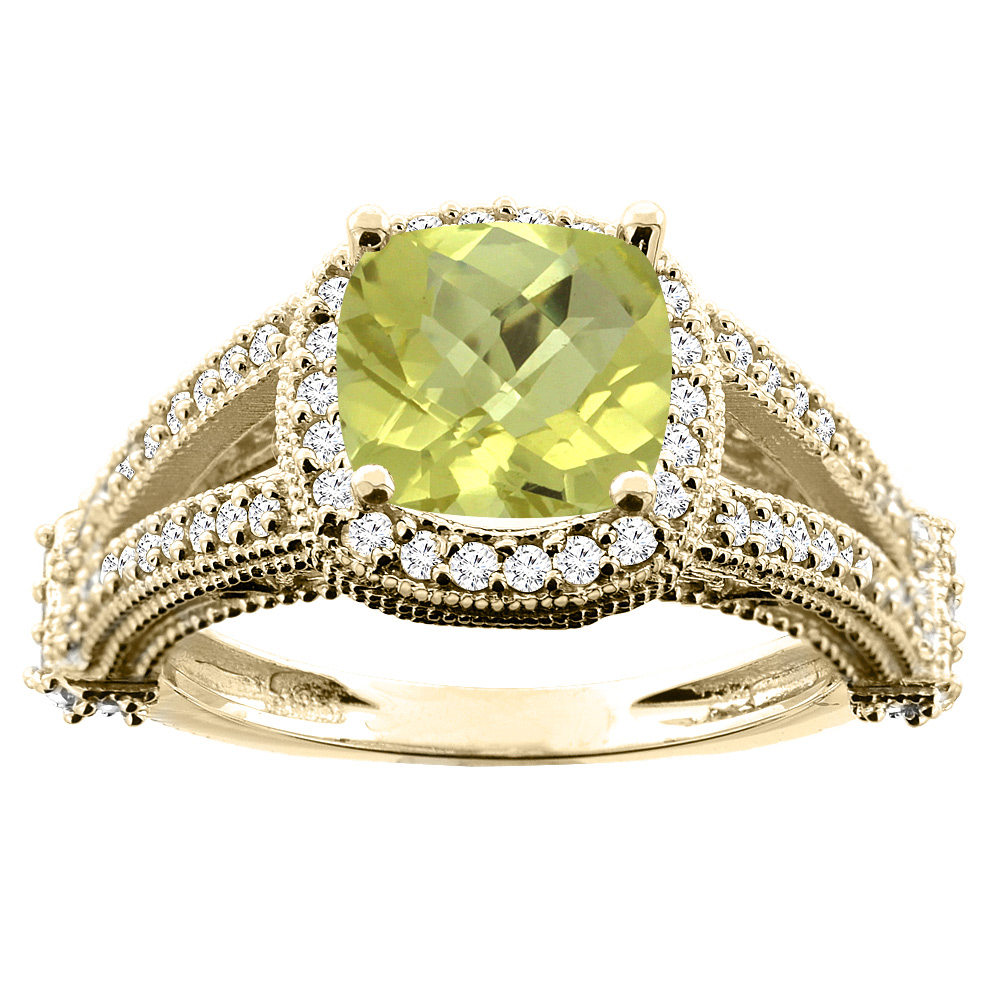 10K White/Yellow/Rose Gold Natural Lemon Quartz Split Shank Ring Cushion 7x7mm Diamond Accent, sizes 5 - 10