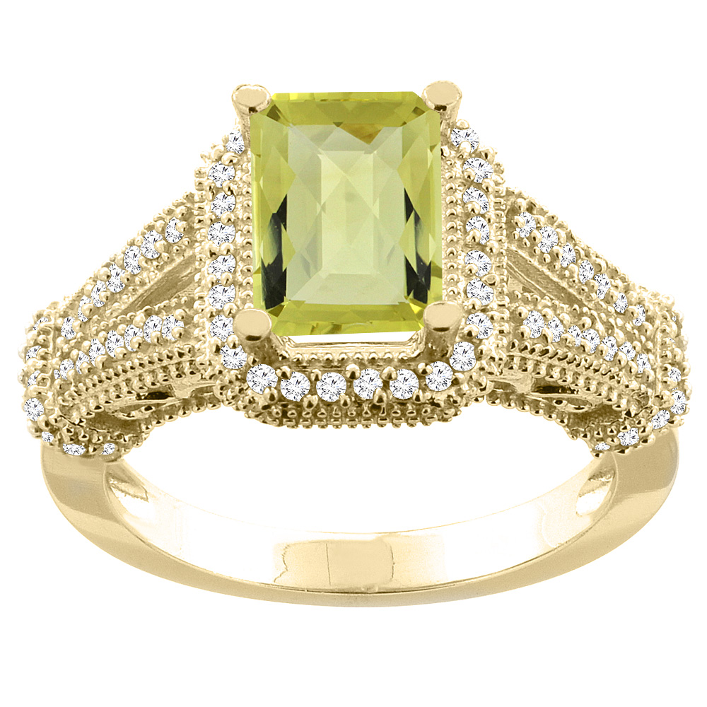 10K White/Yellow/Rose Gold Natural Lemon Quartz Ring Octagon 8x6mm Diamond Accent, sizes 5-10