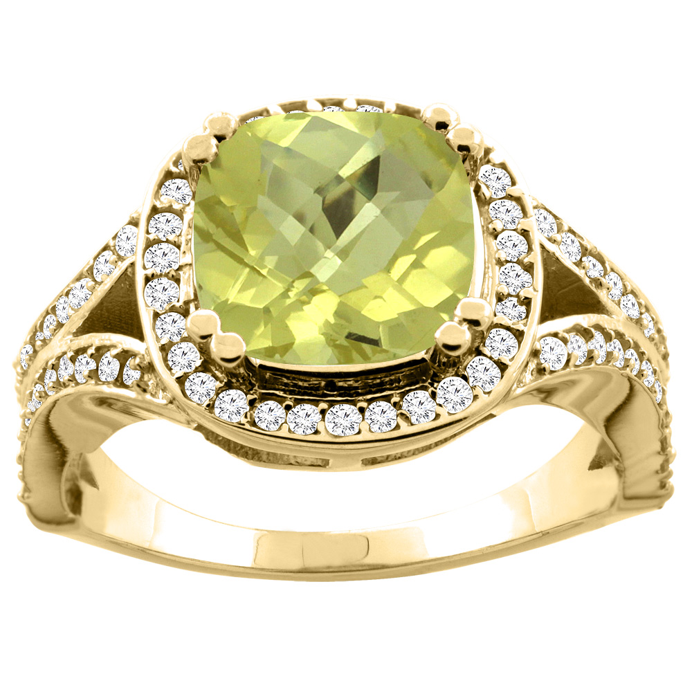 10K Yellow Gold Natural Lemon Quartz Split Ring Cushion 8x8mm Diamond Accent, sizes 5 - 10