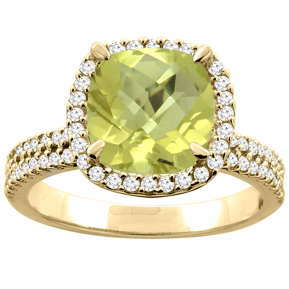 10K Yellow Gold Natural Lemon Quartz Halo Ring Cushion 9x9mm Diamond Accent, sizes 5 - 10