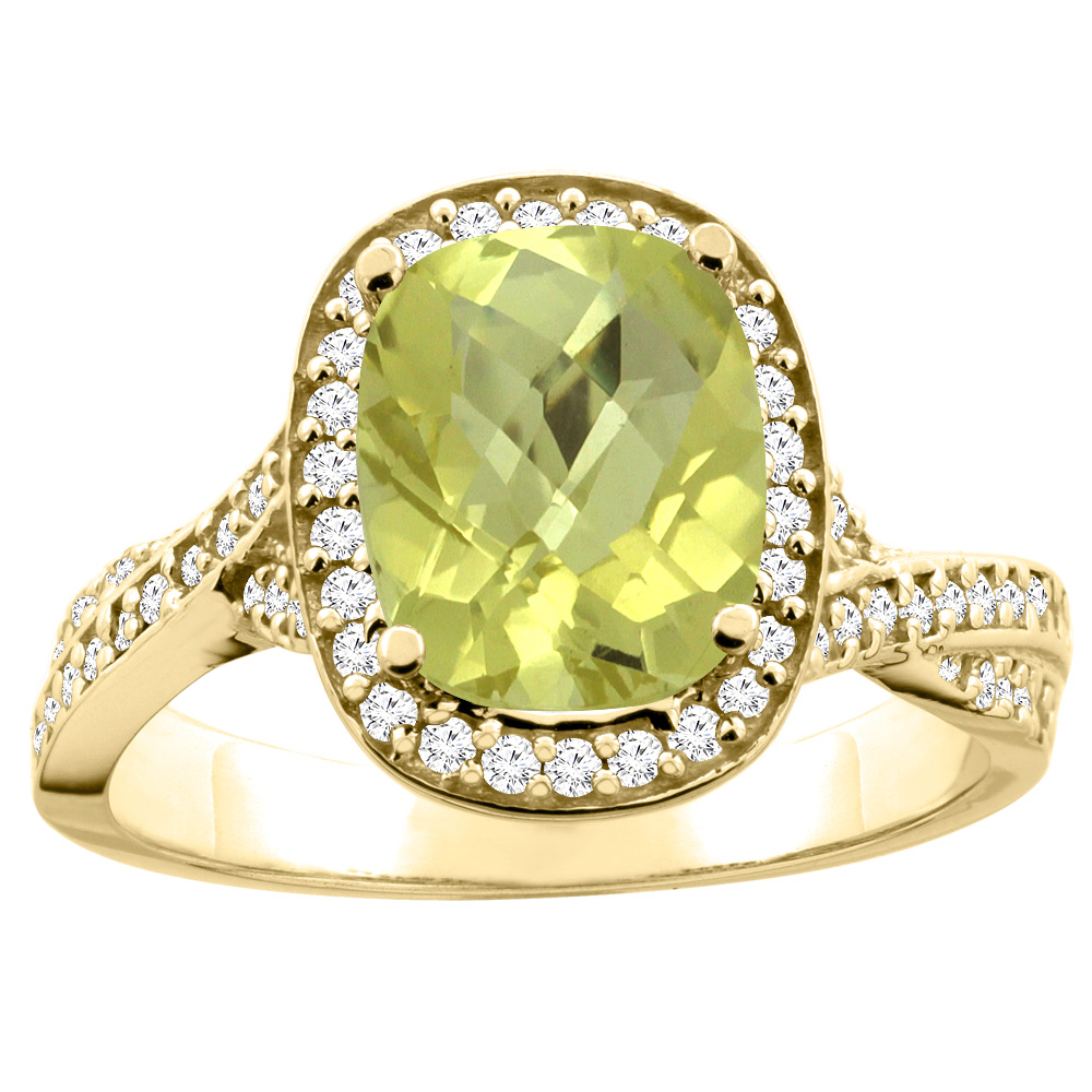 10K Yellow Gold Natural Lemon Quartz Halo Ring Cushion 9x7mm Diamond Accent, sizes 5 - 10