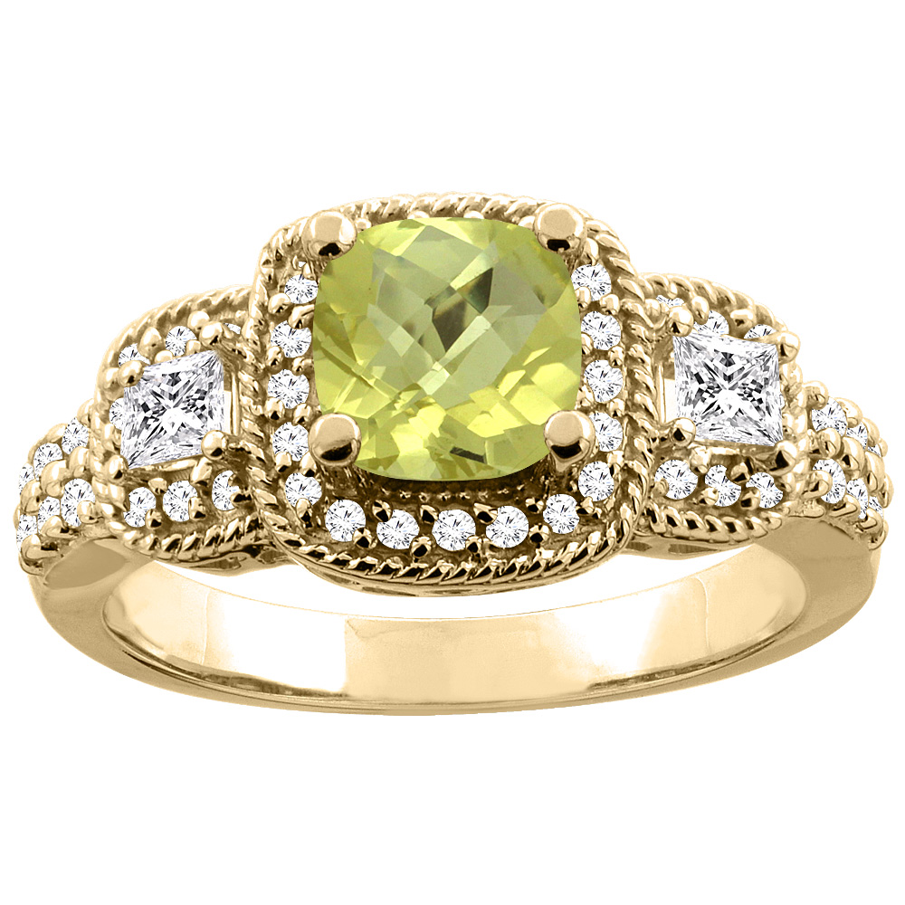 10K Yellow Gold Natural Lemon Quartz Ring Cushion 6x6 mm Diamond Accent, sizes 5 - 10