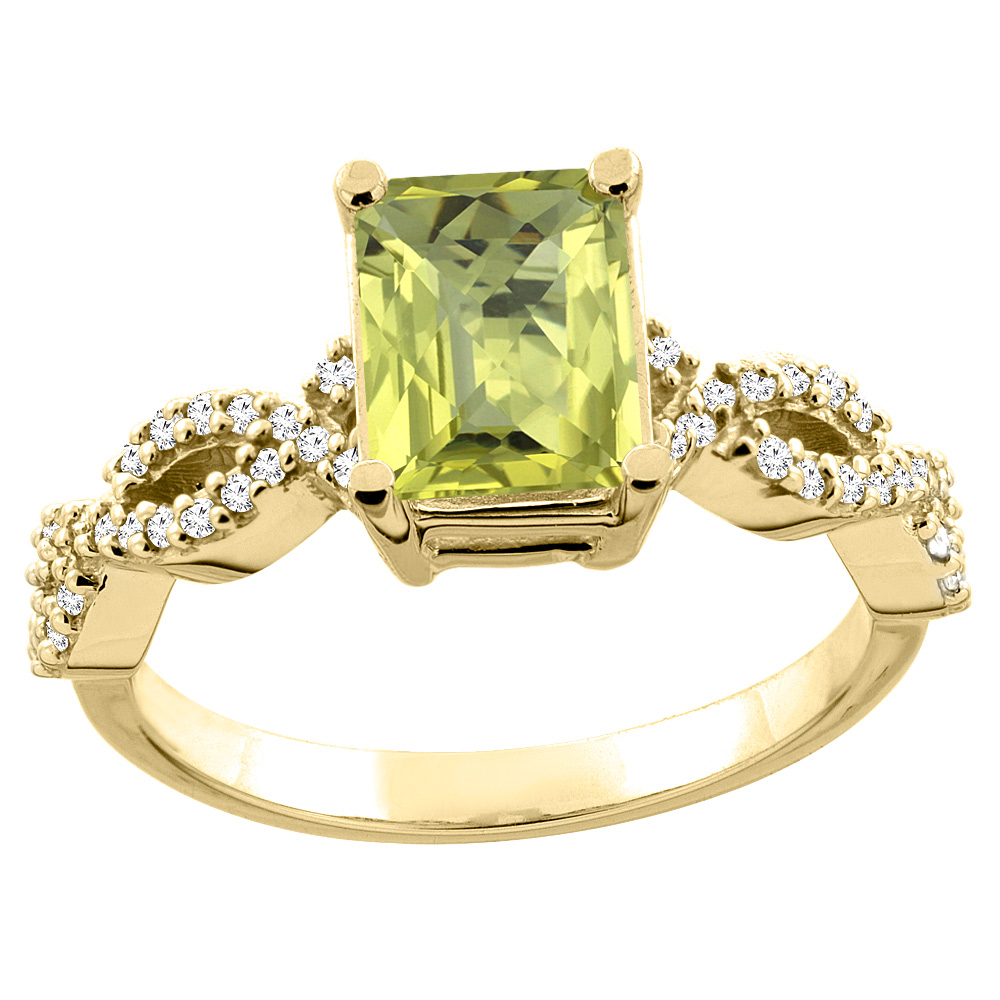 10K White/Yellow Gold Natural Lemon Quartz Eternity Ring Octagon 9x7mm Diamond Accent, sizes 5 - 10