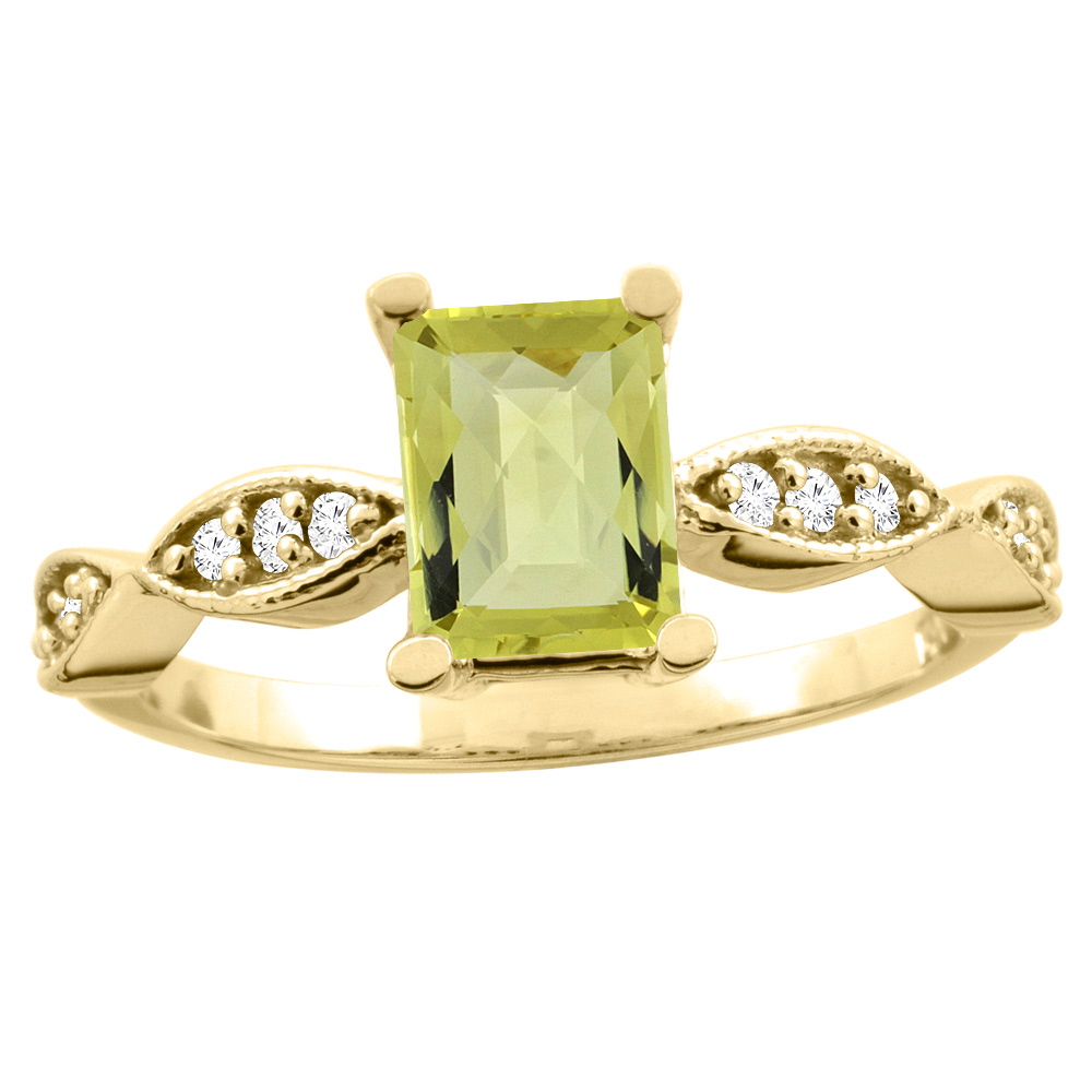 10K White/Yellow Gold Natural Lemon Quartz Ring Octagon 8x6mm Diamond Accent, sizes 5 - 10