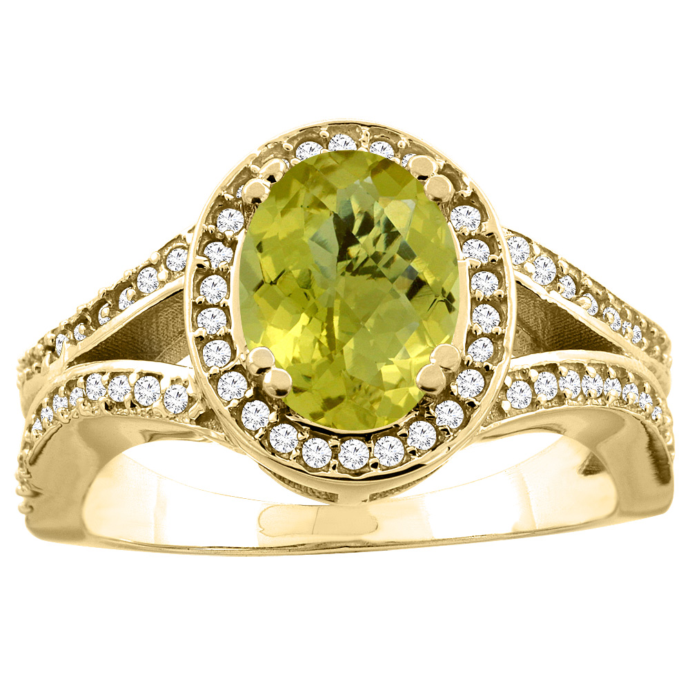 10K White/Yellow Gold Natural Lemon Quartz Split Ring Oval 8x6mm Diamond Accent, sizes 5 - 10