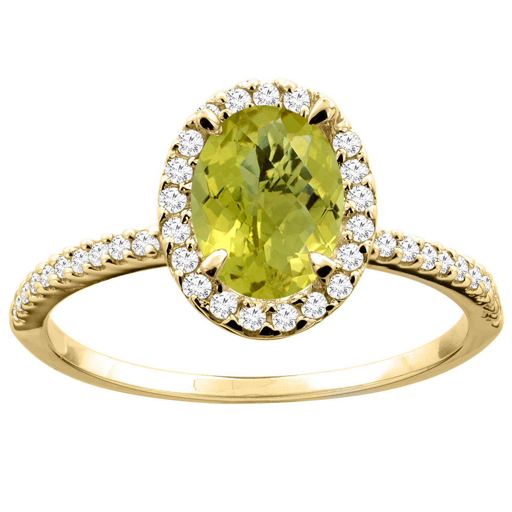 10K White/Yellow Gold Natural Lemon Quartz Ring Oval 8x6mm Diamond Accent, sizes 5 - 10