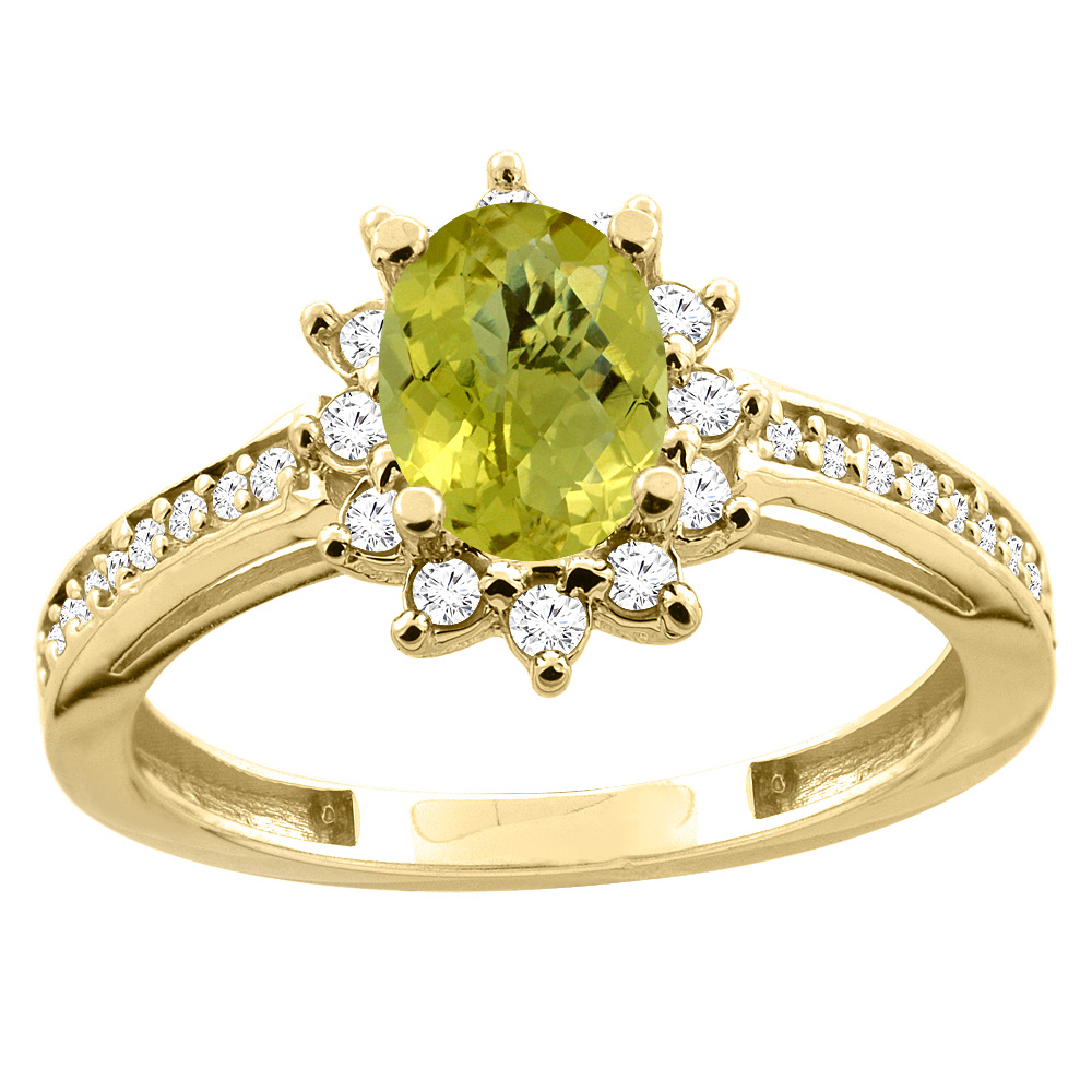 10K White/Yellow Gold Diamond Natural Lemon Quartz Floral Halo Engagement Ring Oval 7x5mm, sizes 5 - 10