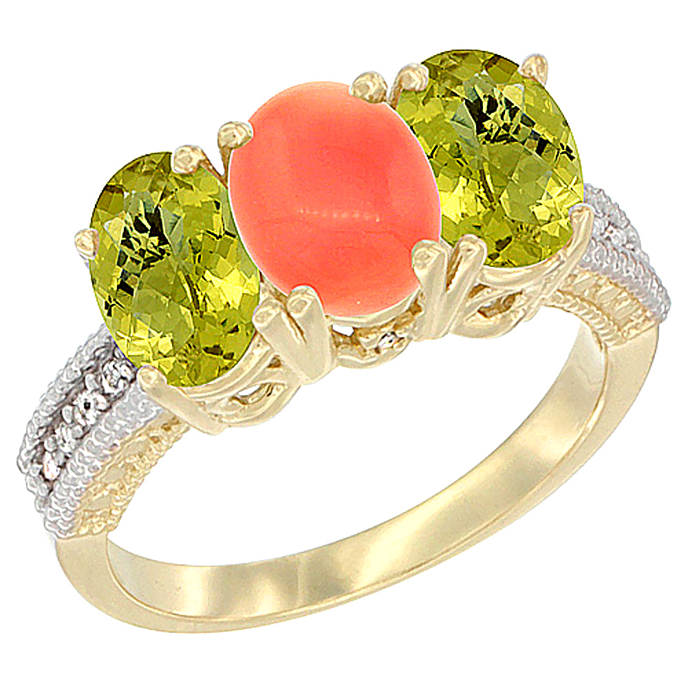 10K Yellow Gold Natural Coral & Lemon Quartz Sides Ring 3-Stone Oval 7x5 mm Diamond Accent, sizes 5 - 10