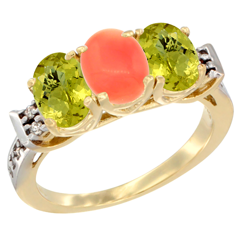 10K Yellow Gold Natural Coral & Lemon Quartz Sides Ring 3-Stone Oval 7x5 mm Diamond Accent, sizes 5 - 10