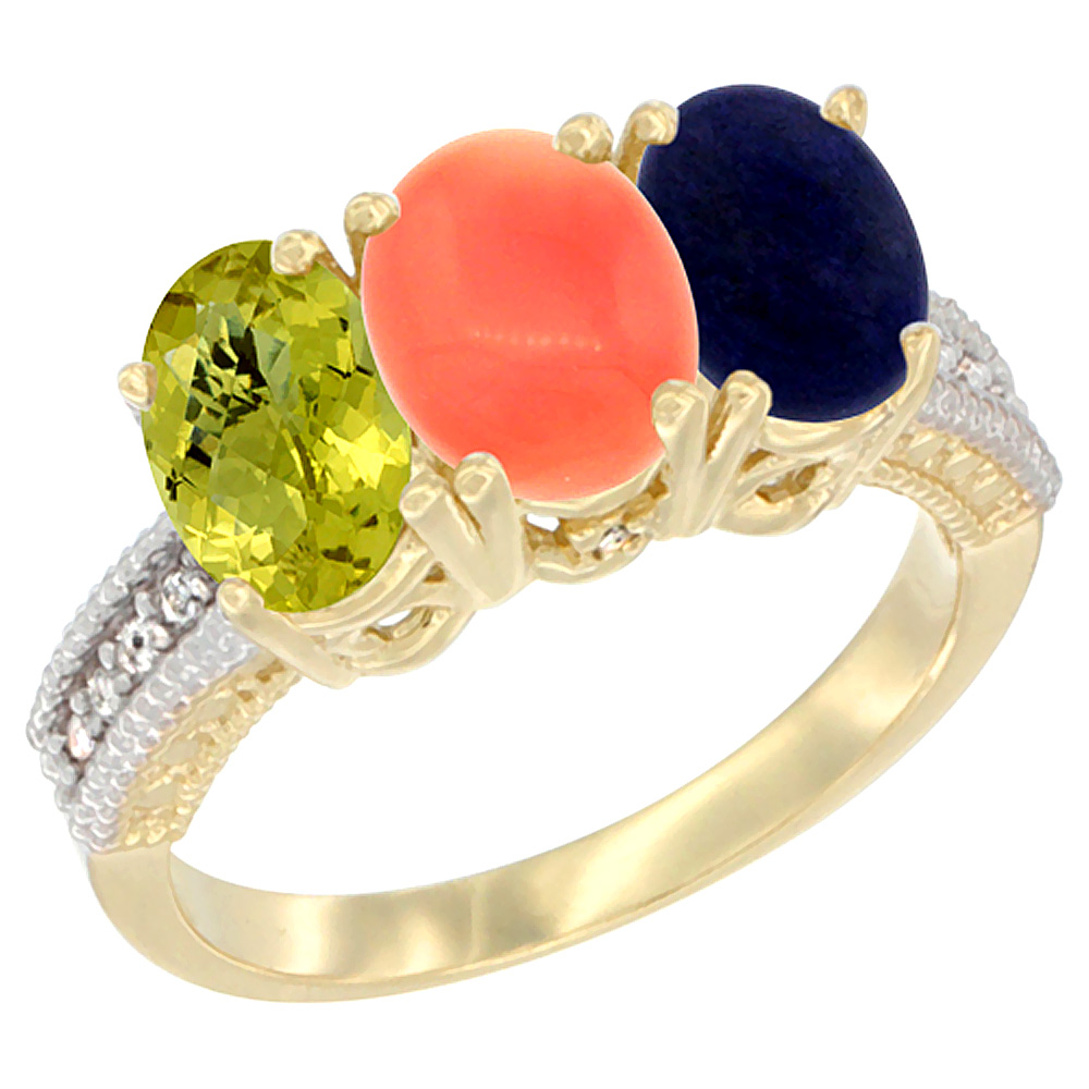 10K Yellow Gold Natural Lemon Quartz, Coral & Lapis Ring 3-Stone Oval 7x5 mm Diamond Accent, sizes 5 - 10