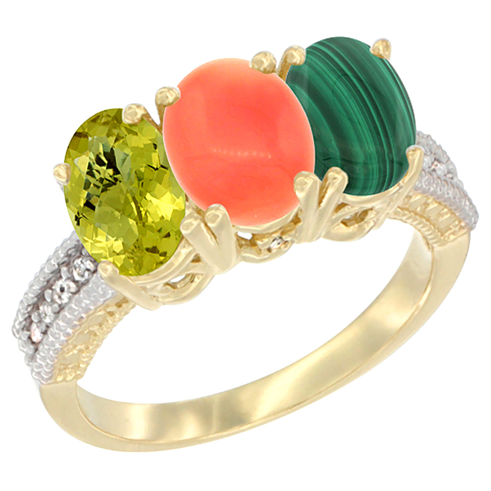 10K Yellow Gold Natural Lemon Quartz, Coral & Malachite Ring 3-Stone Oval 7x5 mm Diamond Accent, sizes 5 - 10