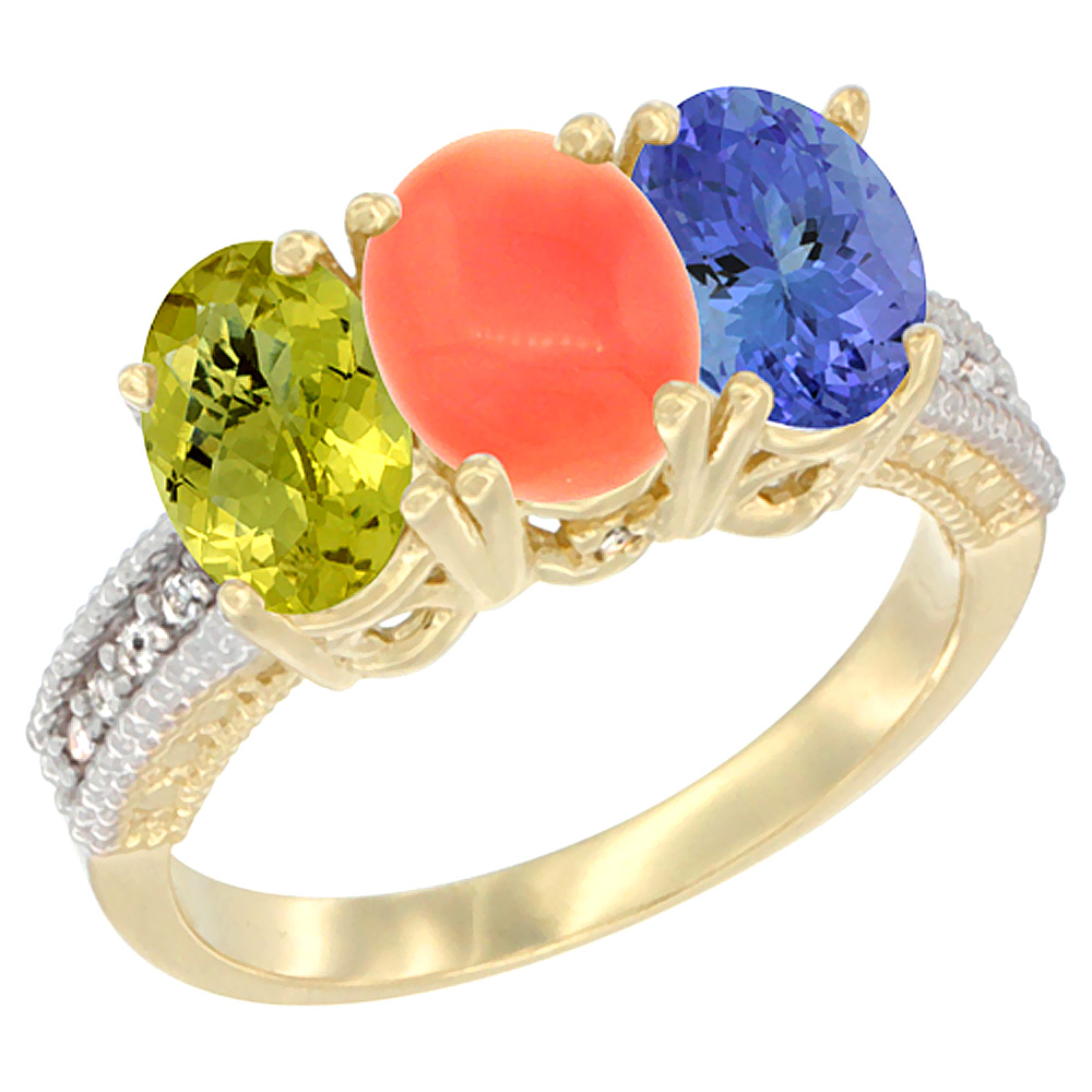 10K Yellow Gold Natural Lemon Quartz, Coral & Tanzanite Ring 3-Stone Oval 7x5 mm Diamond Accent, sizes 5 - 10