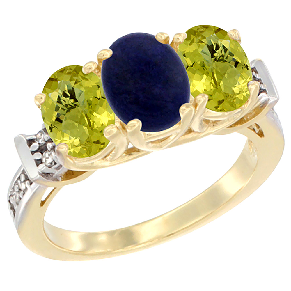 14K Yellow Gold Natural Lapis & Lemon Quartz Sides Ring 3-Stone Oval Diamond Accent, sizes 5 - 10