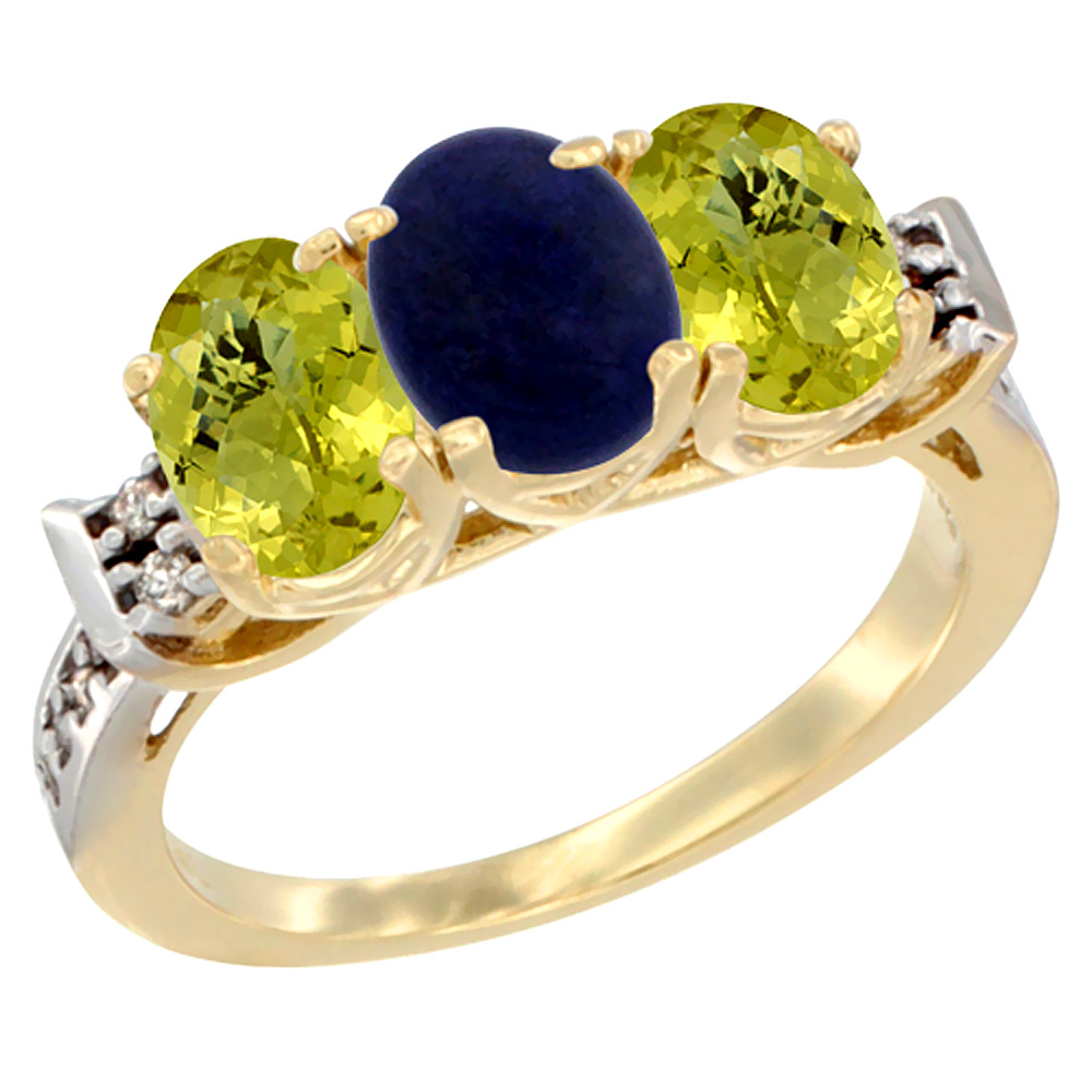 14K Yellow Gold Natural Lapis & Lemon Quartz Ring 3-Stone 7x5 mm Oval Diamond Accent, sizes 5 - 10