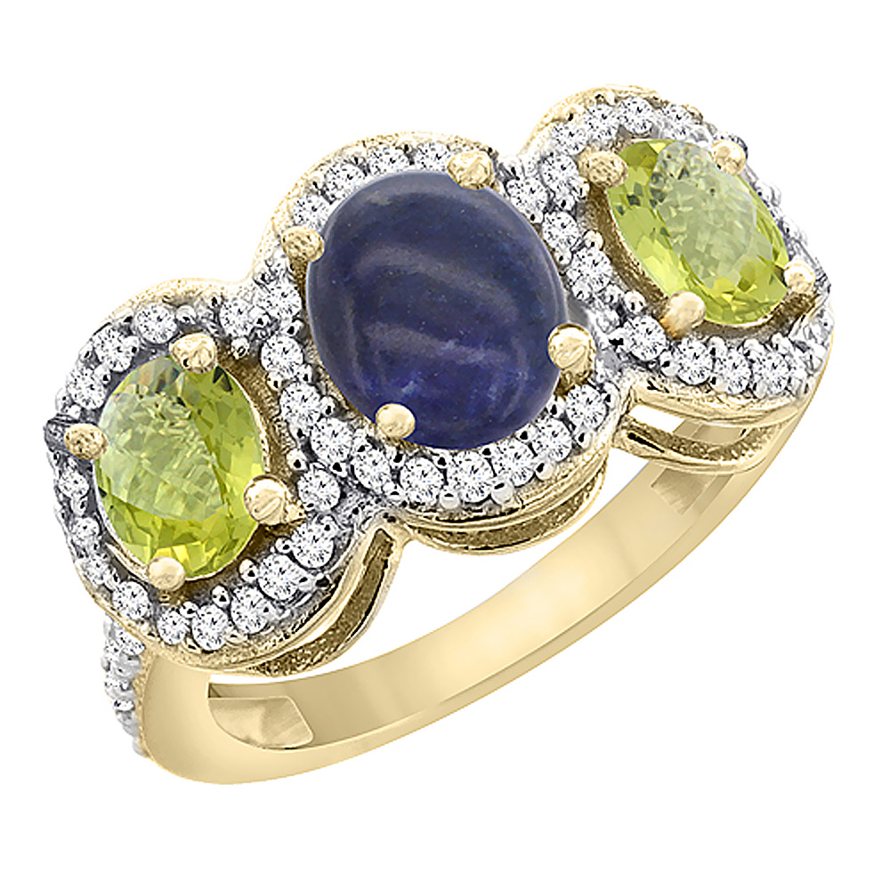 14K Yellow Gold Natural Lapis & Lemon Quartz 3-Stone Ring Oval Diamond Accent, sizes 5 - 10