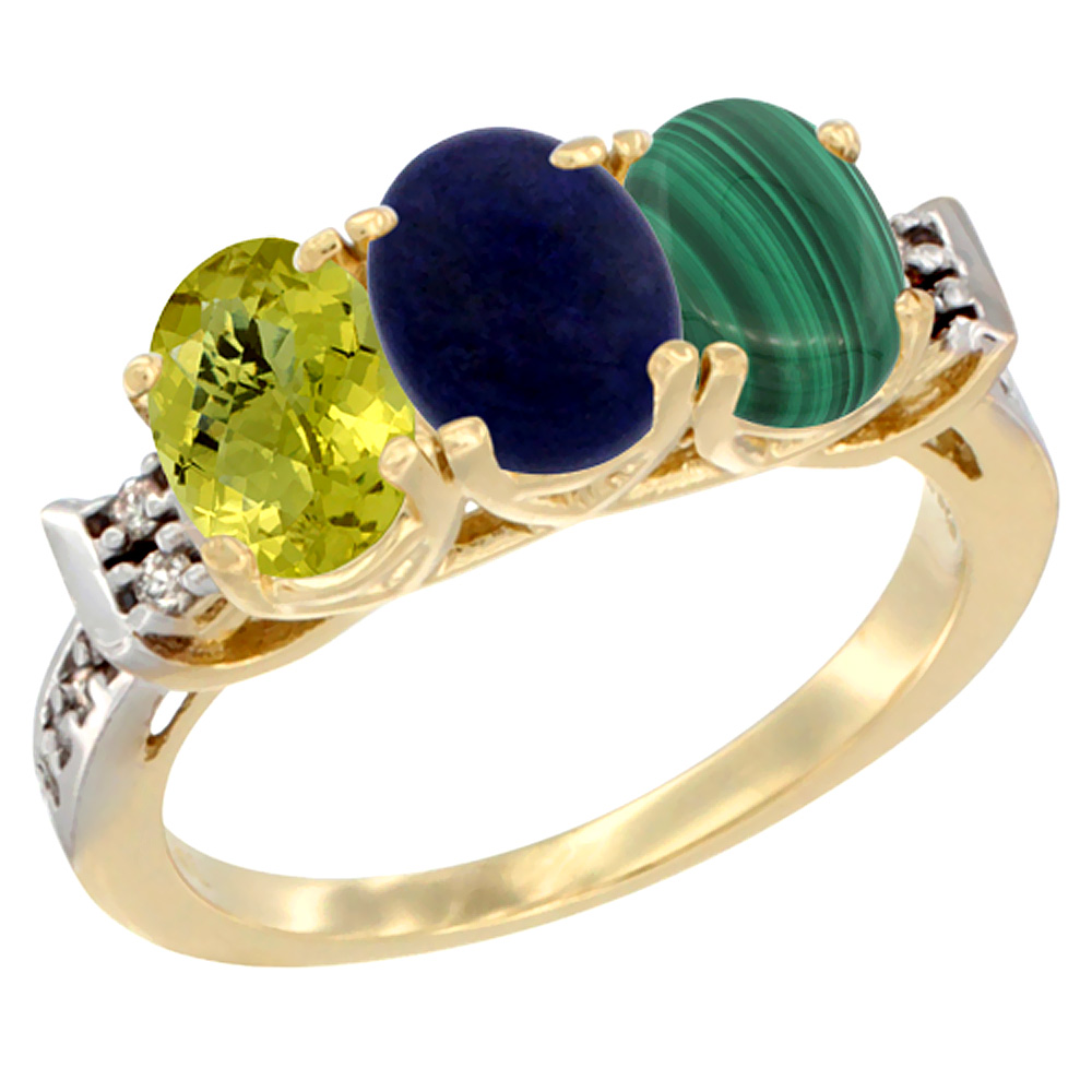 14K Yellow Gold Natural Lemon Quartz, Lapis & Malachite Ring 3-Stone 7x5 mm Oval Diamond Accent, sizes 5 - 10