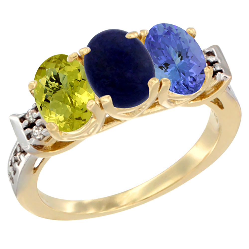 14K Yellow Gold Natural Lemon Quartz, Lapis & Tanzanite Ring 3-Stone 7x5 mm Oval Diamond Accent, sizes 5 - 10