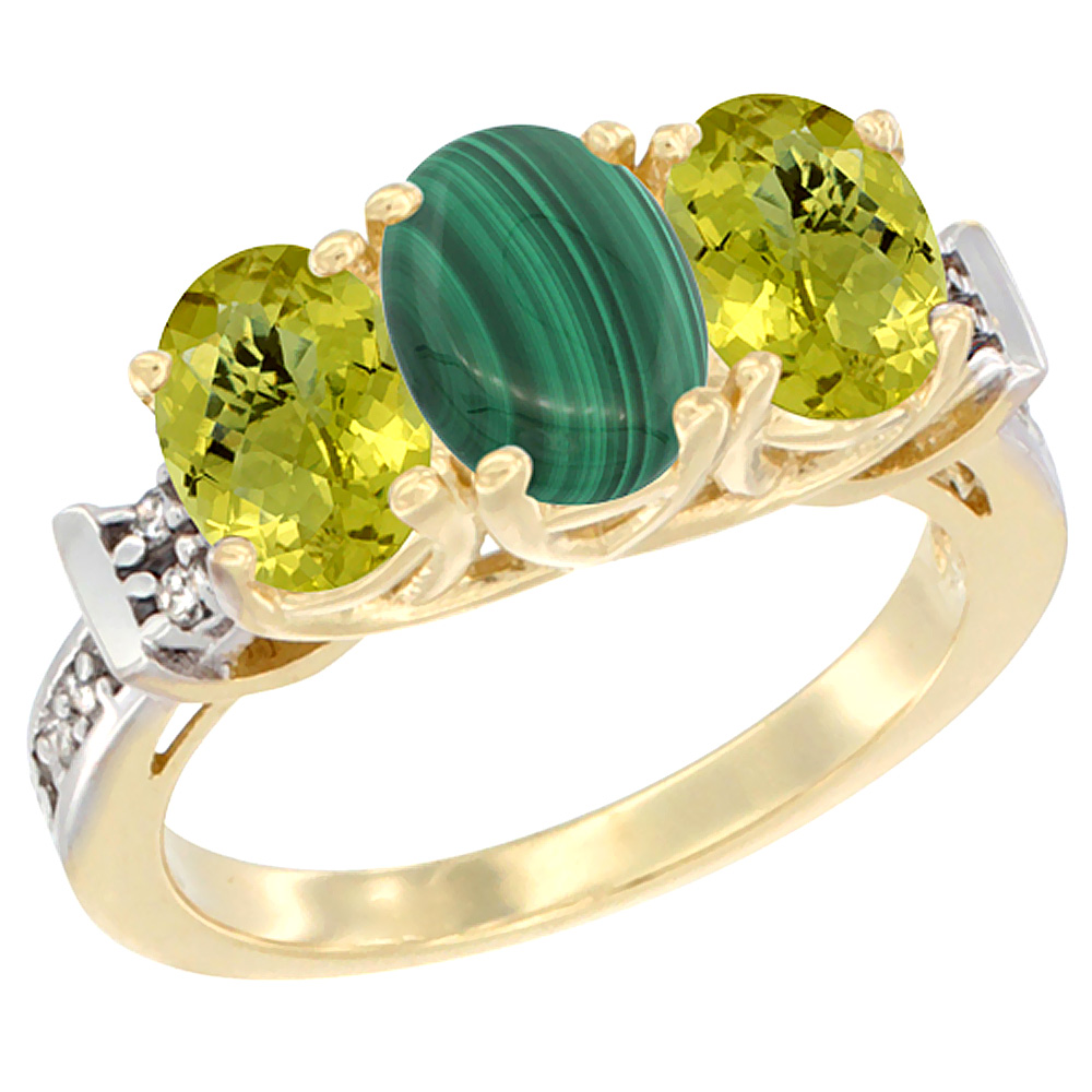 14K Yellow Gold Natural Malachite & Lemon Quartz Sides Ring 3-Stone Oval Diamond Accent, sizes 5 - 10