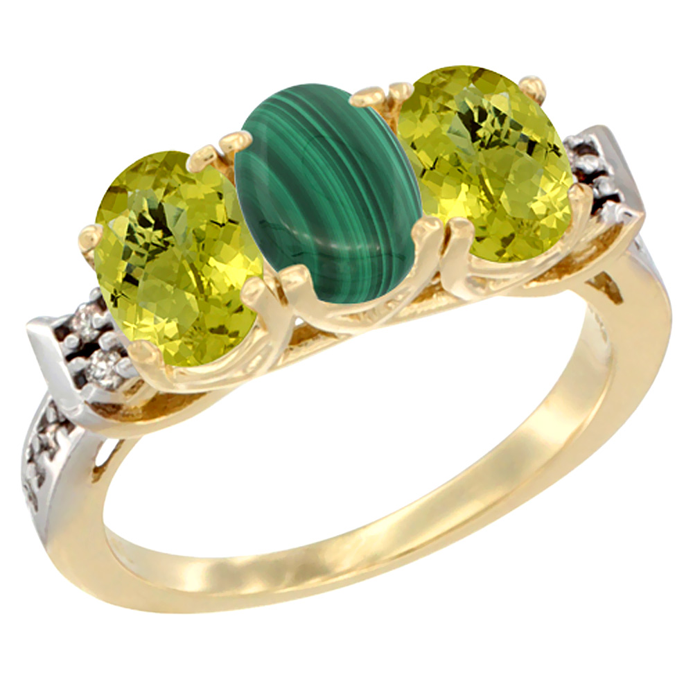 14K Yellow Gold Natural Malachite & Lemon Quartz Ring 3-Stone 7x5 mm Oval Diamond Accent, sizes 5 - 10