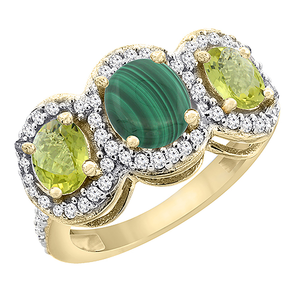 14K Yellow Gold Natural Malachite & Lemon Quartz 3-Stone Ring Oval Diamond Accent, sizes 5 - 10