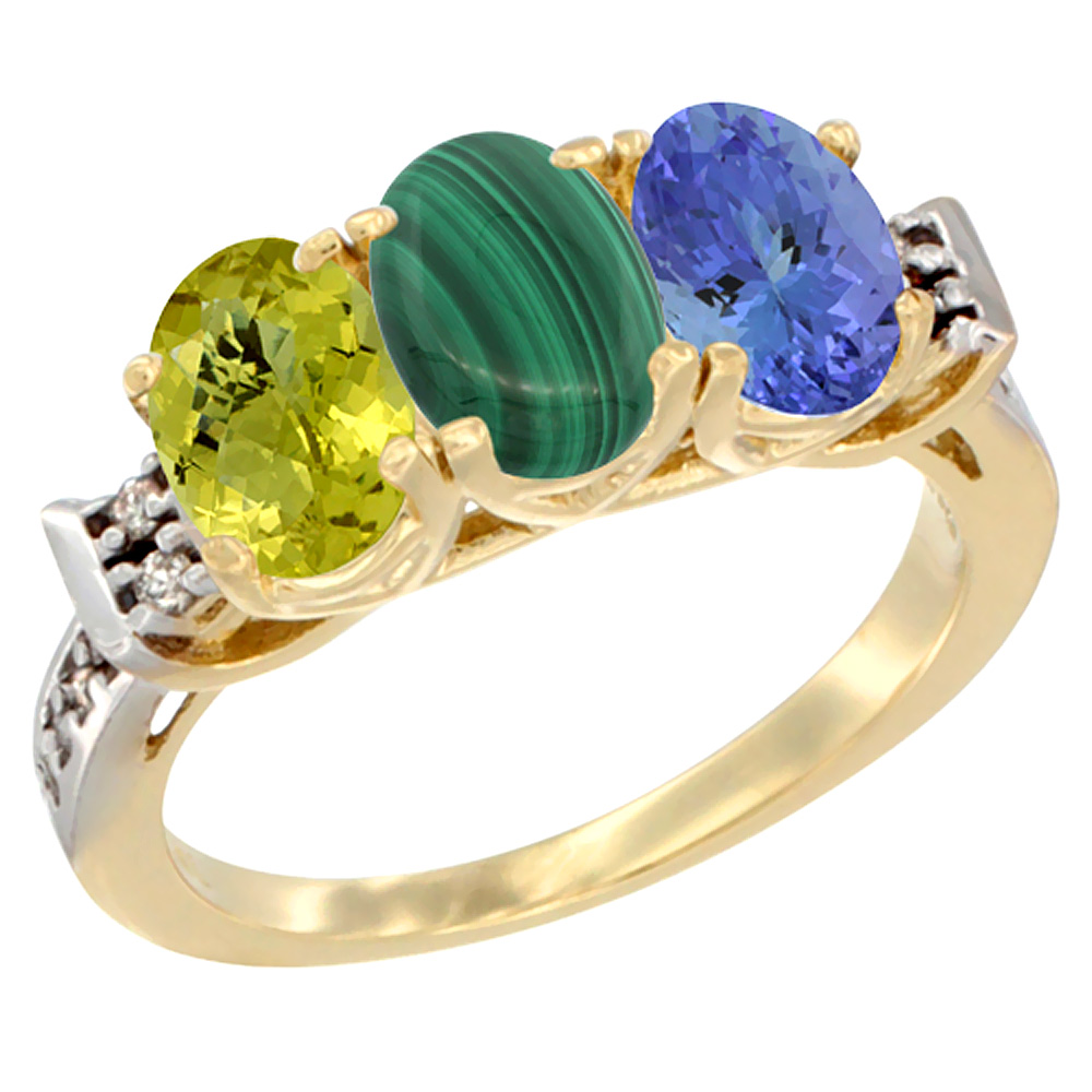 14K Yellow Gold Natural Lemon Quartz, Malachite & Tanzanite Ring 3-Stone 7x5 mm Oval Diamond Accent, sizes 5 - 10