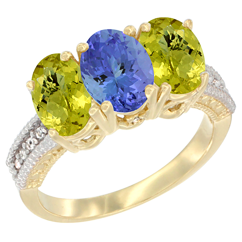 10K Yellow Gold Natural Tanzanite & Lemon Quartz Sides Ring 3-Stone Oval 7x5 mm Diamond Accent, sizes 5 - 10