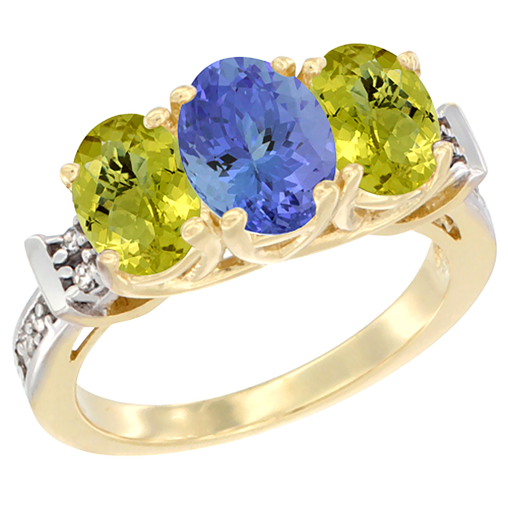 10K Yellow Gold Natural Tanzanite & Lemon Quartz Sides Ring 3-Stone Oval Diamond Accent, sizes 5 - 10