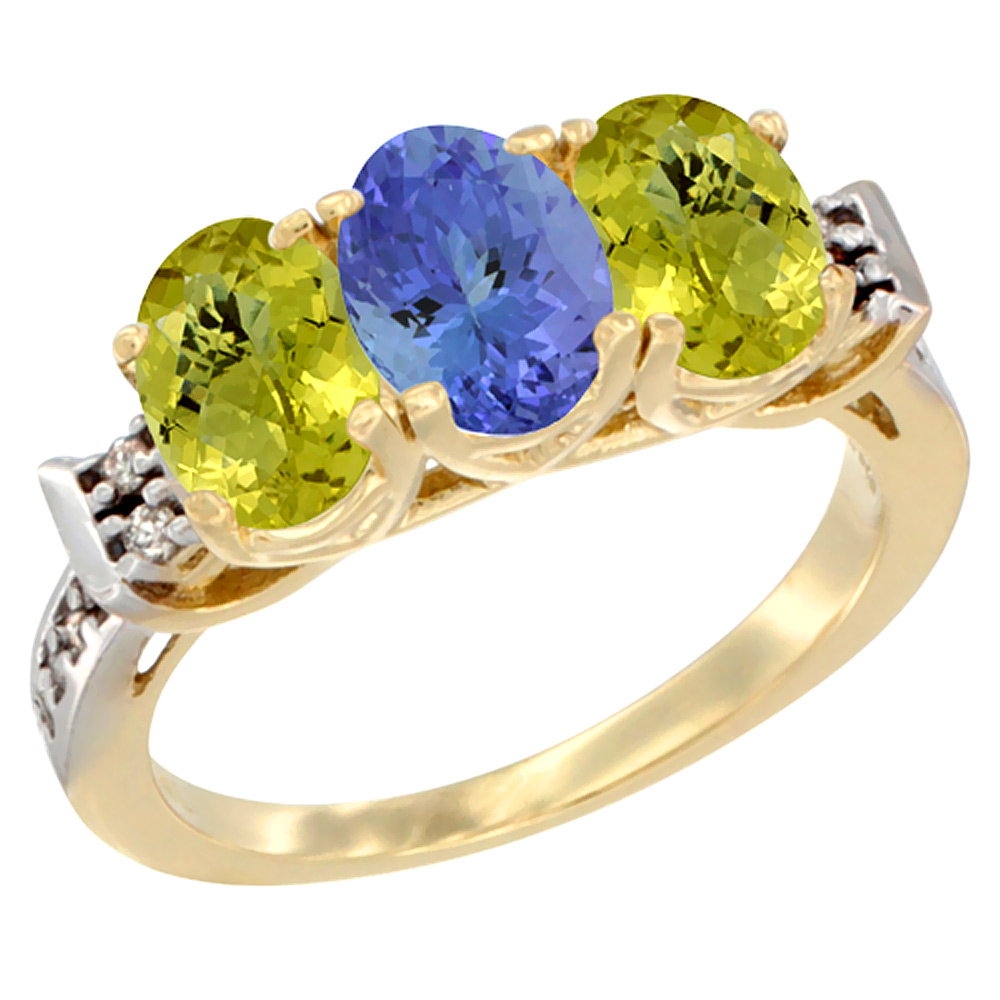 10K Yellow Gold Natural Tanzanite & Lemon Quartz Sides Ring 3-Stone Oval 7x5 mm Diamond Accent, sizes 5 - 10