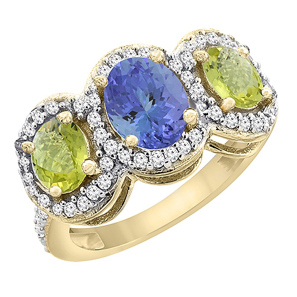 10K Yellow Gold Natural Tanzanite & Lemon Quartz 3-Stone Ring Oval Diamond Accent, sizes 5 - 10