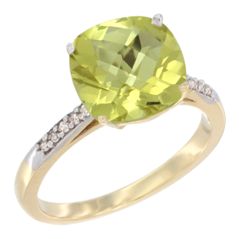 10K Yellow Gold Natural Lemon Quartz Ring Cushion-cut 9 mm Diamond accent, sizes 5 - 10