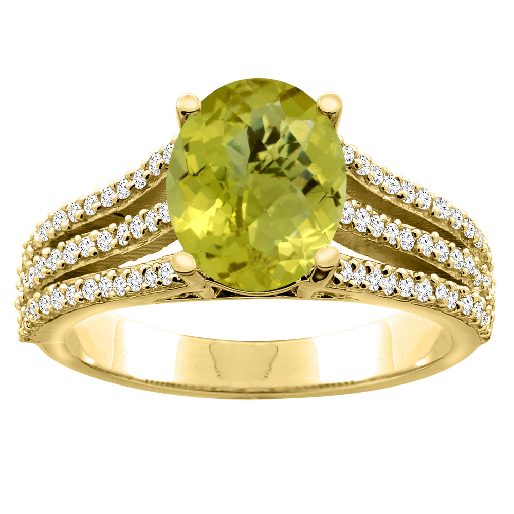 10K White/Yellow Gold Natural Lemon Quartz Tri-split Ring Oval 9x7mm Diamond Accents, sizes 5 - 10