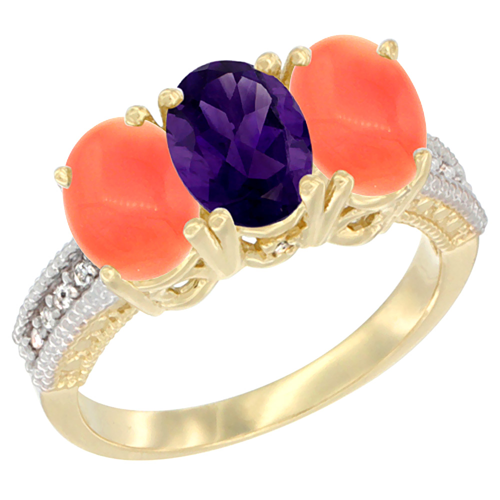 10K Yellow Gold Natural Amethyst & Coral Sides Ring 3-Stone Oval 7x5 mm Diamond Accent, sizes 5 - 10