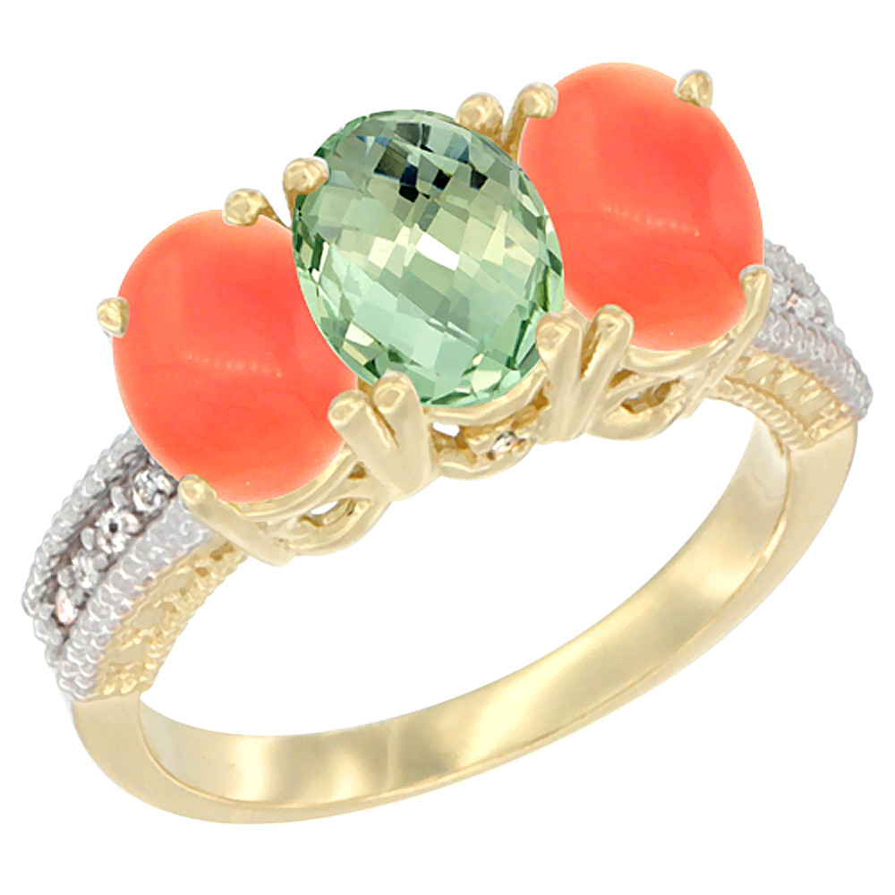 10K Yellow Gold Natural Green Amethyst & Coral Sides Ring 3-Stone Oval 7x5 mm Diamond Accent, sizes 5 - 10