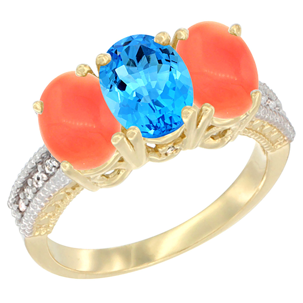 10K Yellow Gold Natural Swiss Blue Topaz & Coral Sides Ring 3-Stone Oval 7x5 mm Diamond Accent, sizes 5 - 10