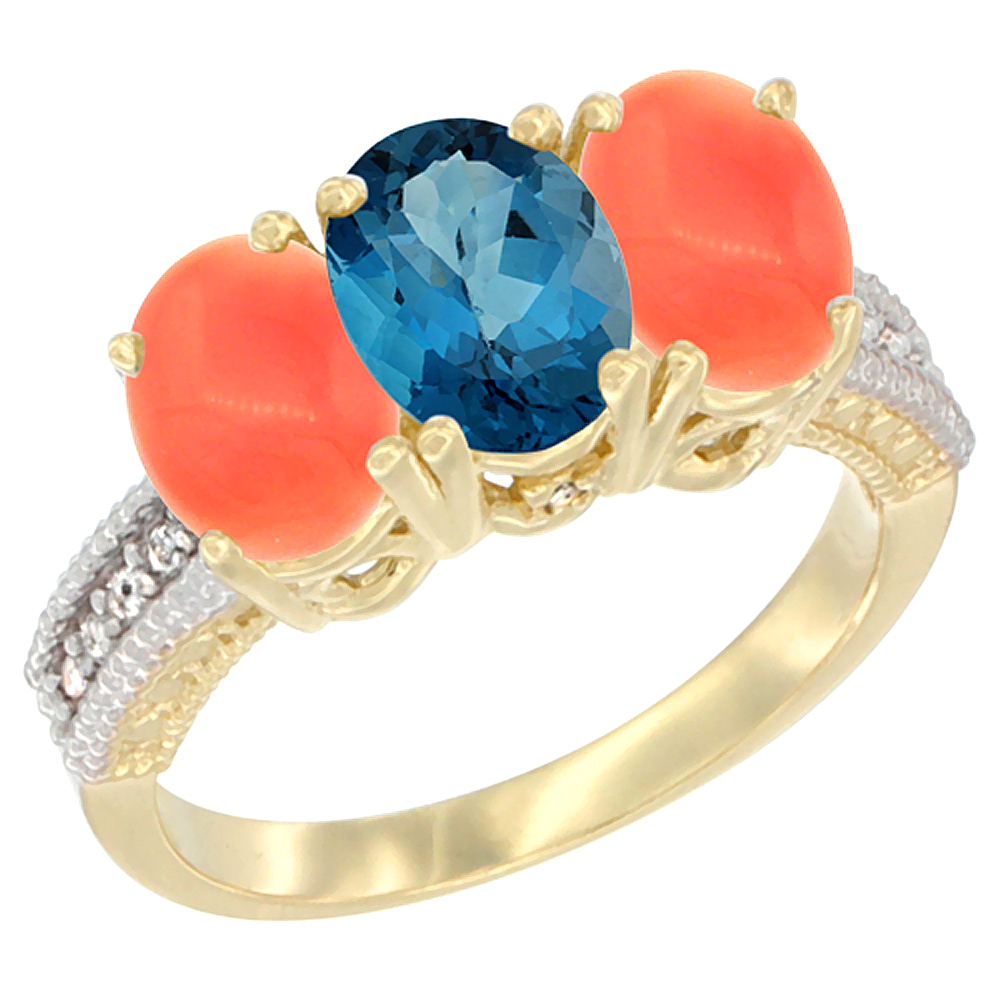 10K Yellow Gold Natural London Blue Topaz & Coral Sides Ring 3-Stone Oval 7x5 mm Diamond Accent, sizes 5 - 10