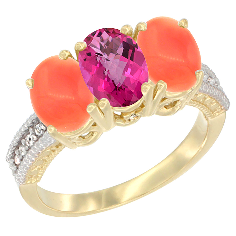 10K Yellow Gold Natural Pink Topaz & Coral Sides Ring 3-Stone Oval 7x5 mm Diamond Accent, sizes 5 - 10