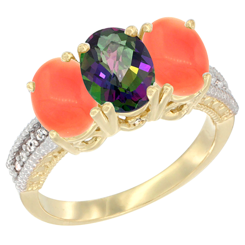 10K Yellow Gold Natural Mystic Topaz & Coral Sides Ring 3-Stone Oval 7x5 mm Diamond Accent, sizes 5 - 10