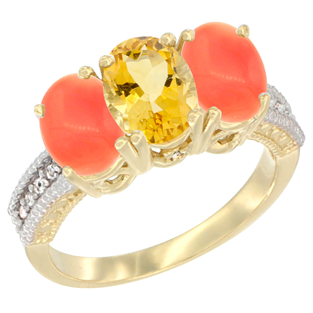 10K Yellow Gold Natural Citrine & Coral Sides Ring 3-Stone Oval 7x5 mm Diamond Accent, sizes 5 - 10